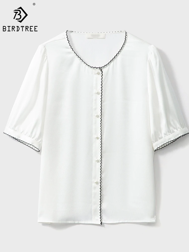 

Birdtree Small Scented Mulberry Silk Contrast T-Shirt Pearl Satin Texture Round Neck Panels Lace Short-sleeved Tees T39201QD