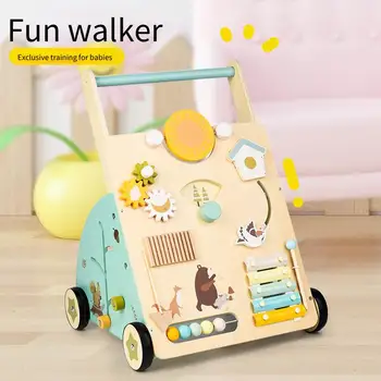 Wooden Baby Walker Push Toy Learning Walking Assistant First Steps Helper with Activity Blocks Natural Wood Toddler Walking 1