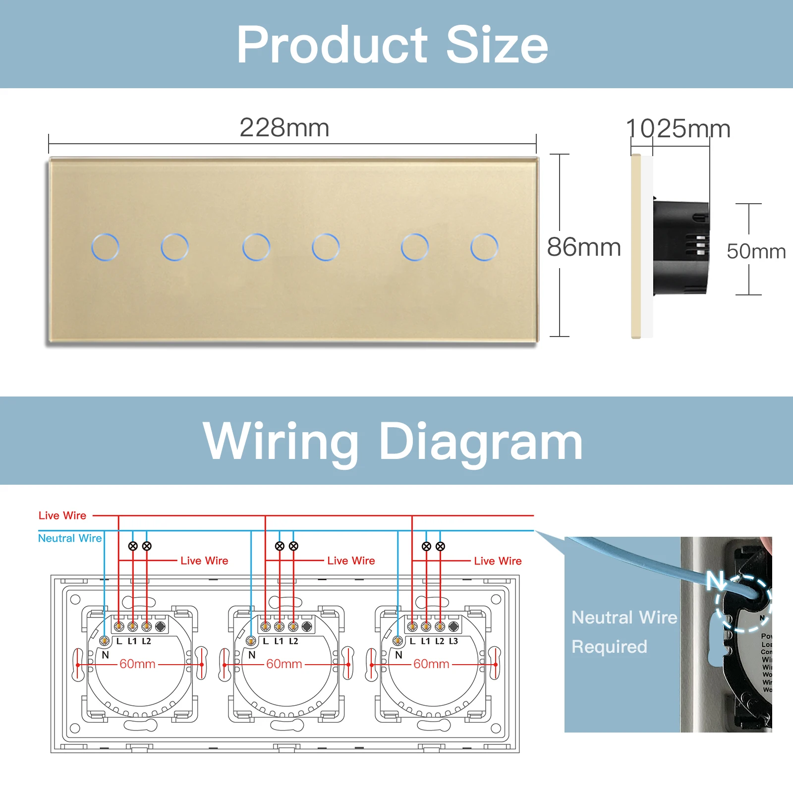 BSEED Light Wall Switch Wifi Glass Switches 6Gang 1/2/3/4Way Touch Switch Blue Backlight Waterproof Smart Life Tuya APP