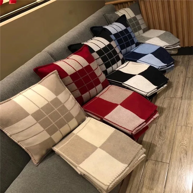 캐시미어 고귀한 고급 격자 무늬 목도리 담요, 유럽 고급 품질 H 편지 소파 울 두꺼운 담요, 140x170 cm