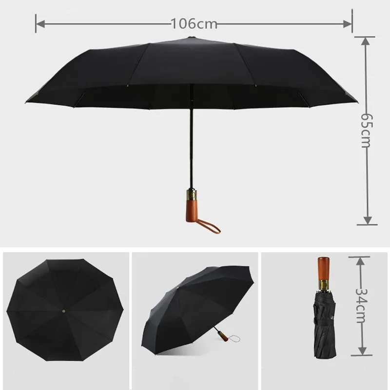 Solid Wood Short Handle Fully Automatic Three-fold Umbrellas For Tesla Volvo Volkswagen Luxury Car Customizable Umbrella