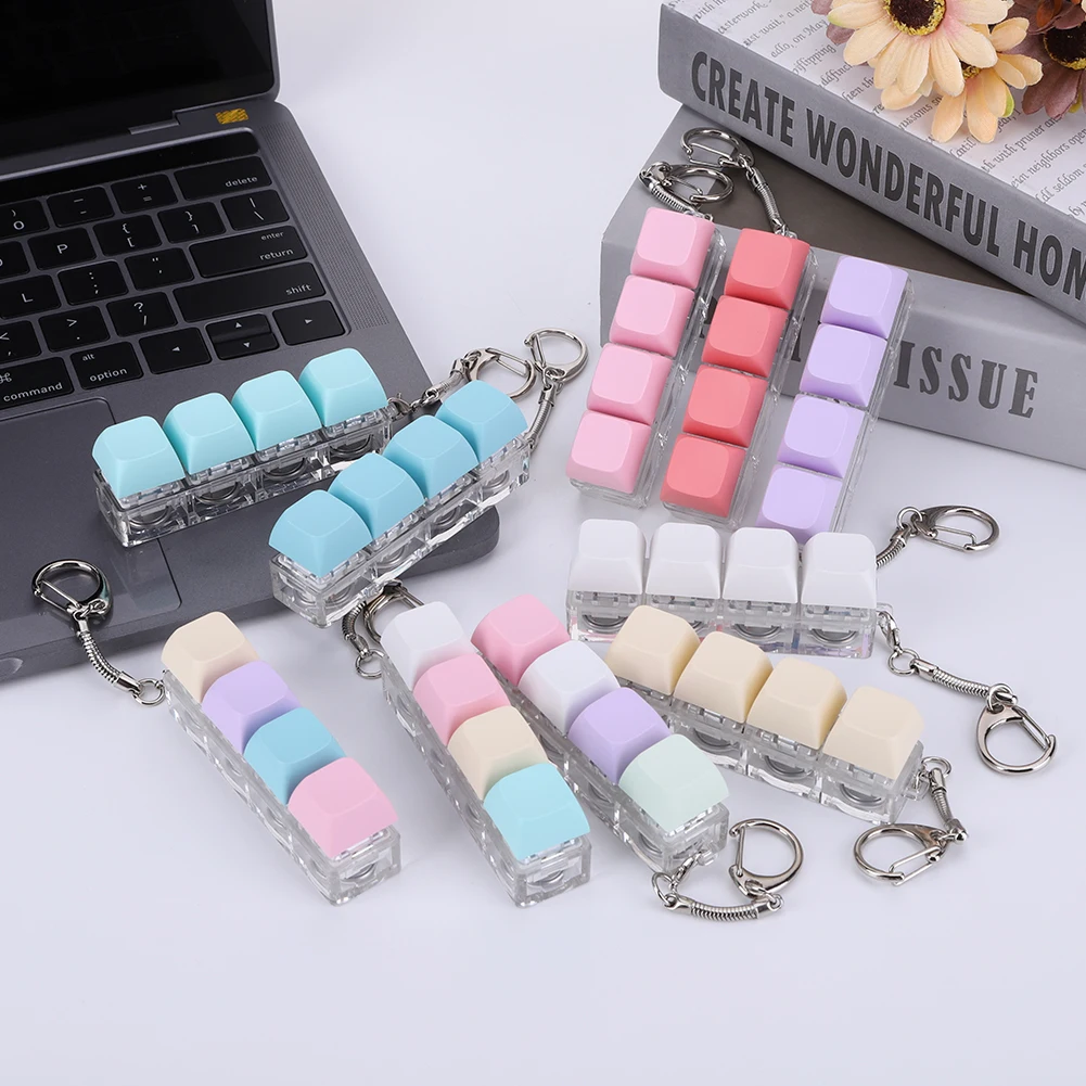 4 Keys Keycaps Keychain Toys with LED Light Decompression Toys Keyboard Fidget Keychain Stress Relief Fidget Keychain Button