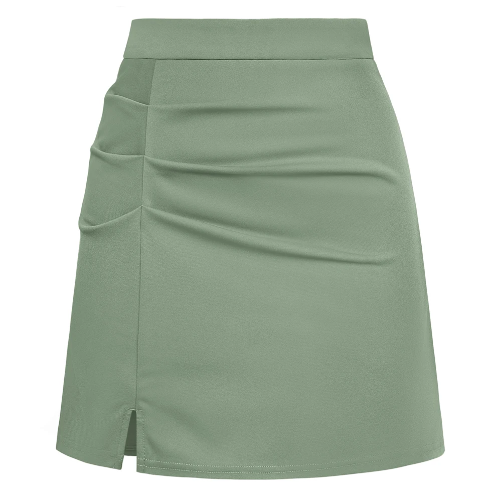 

KK Women Ruched Skirt High Waist Front Slit Above Knee A-Line Skirt
