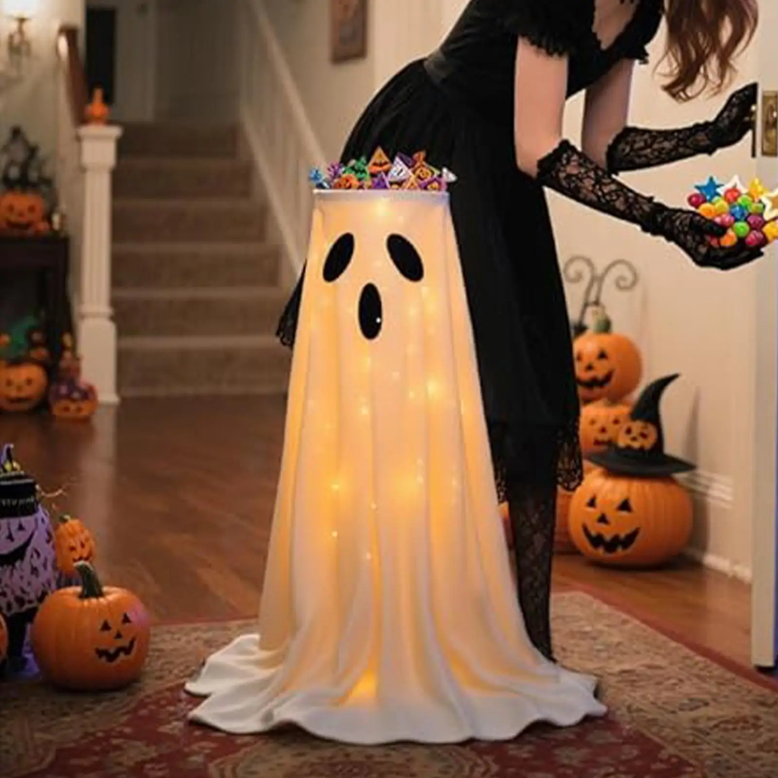 Halloween Lighted White Cloth Ghost Candy Bowl Indoor & Outdoor Decor Scary Standing Ghosts Decor for Front Door Porch Yard