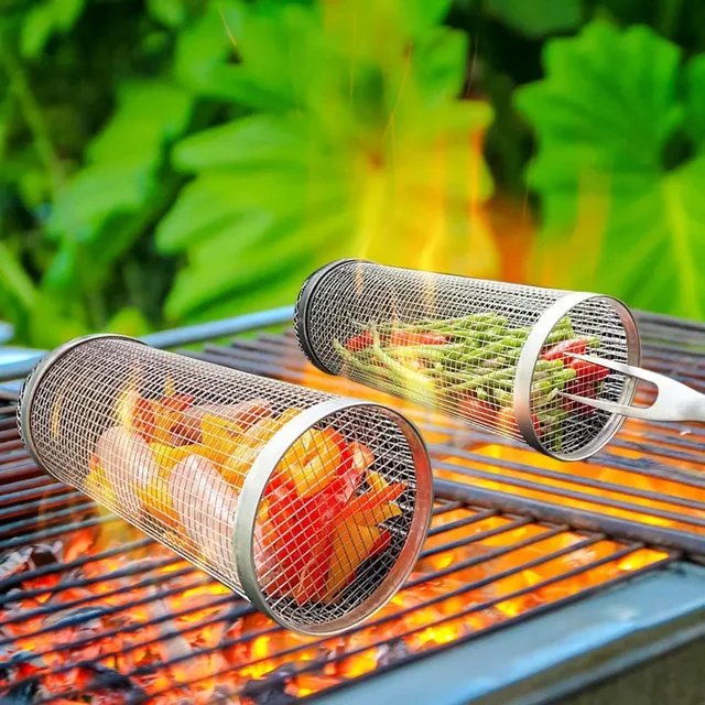 Stainless Steel Rolling BBQ Grill Basket 2