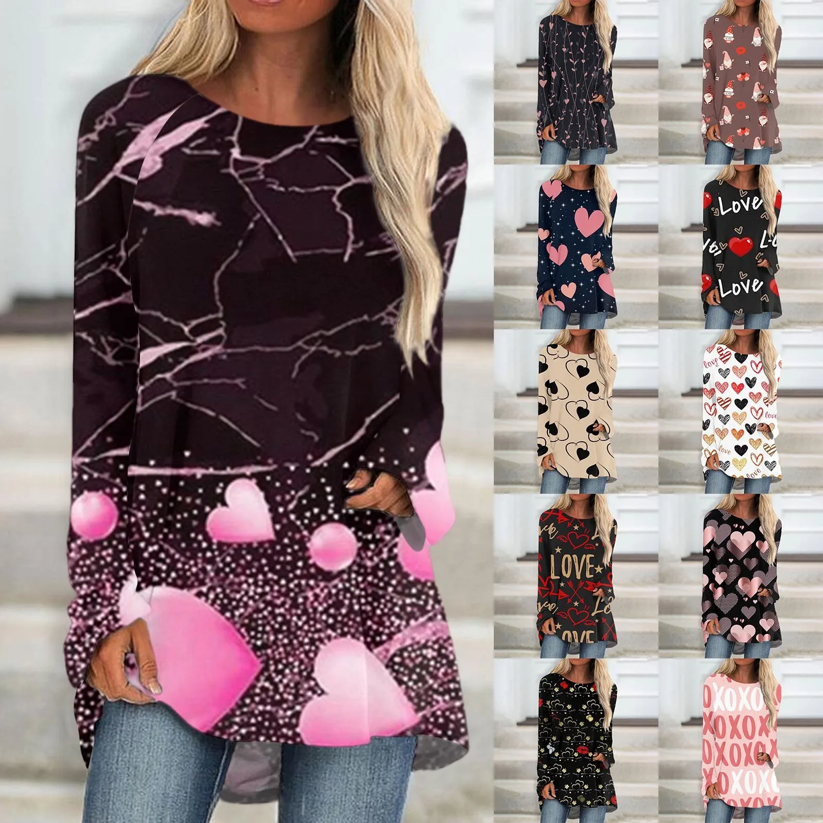 

Women's Casual Fashion-Forward Valentine's Day Print Long Sleeve Medium Length Top Blouse Elegant And Youth Woman Blouses
