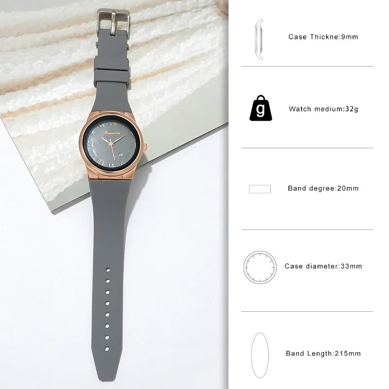 Ladies watch, simple and stylish silicone tape Roman disc with calendar quartz watch