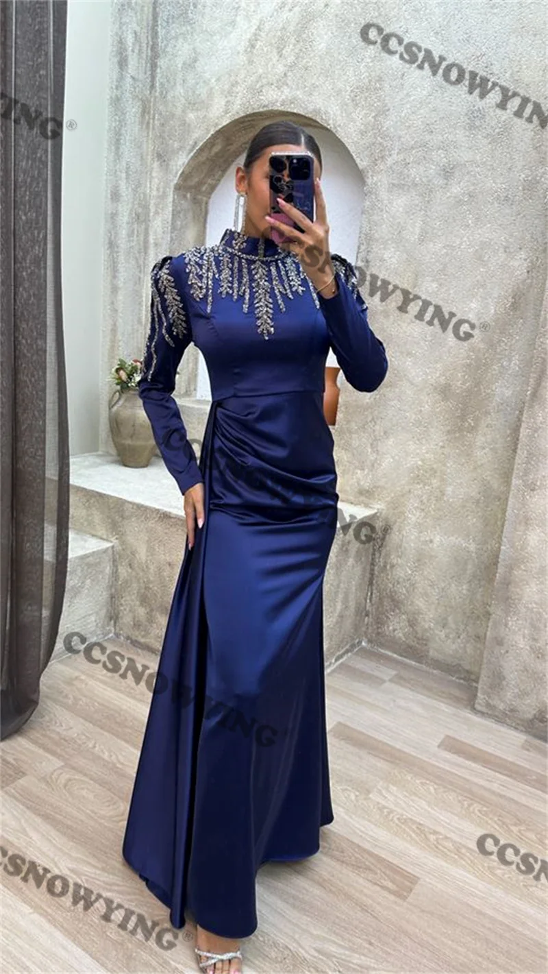 

Long Sleeve Muslim Evening Dress Satin Beaded High Neck Hijab Islamic Formal Party Gown Arabia Dubai Women Moroccan Caftan