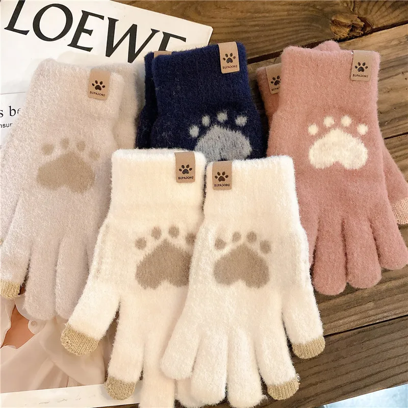 Guanti invernali caldi donna Cute Cat Paw guanti Touchscreen in lana calda  donna Fluff guanti senza dita Flip guanto lavorato a maglia all'aperto -  AliExpress