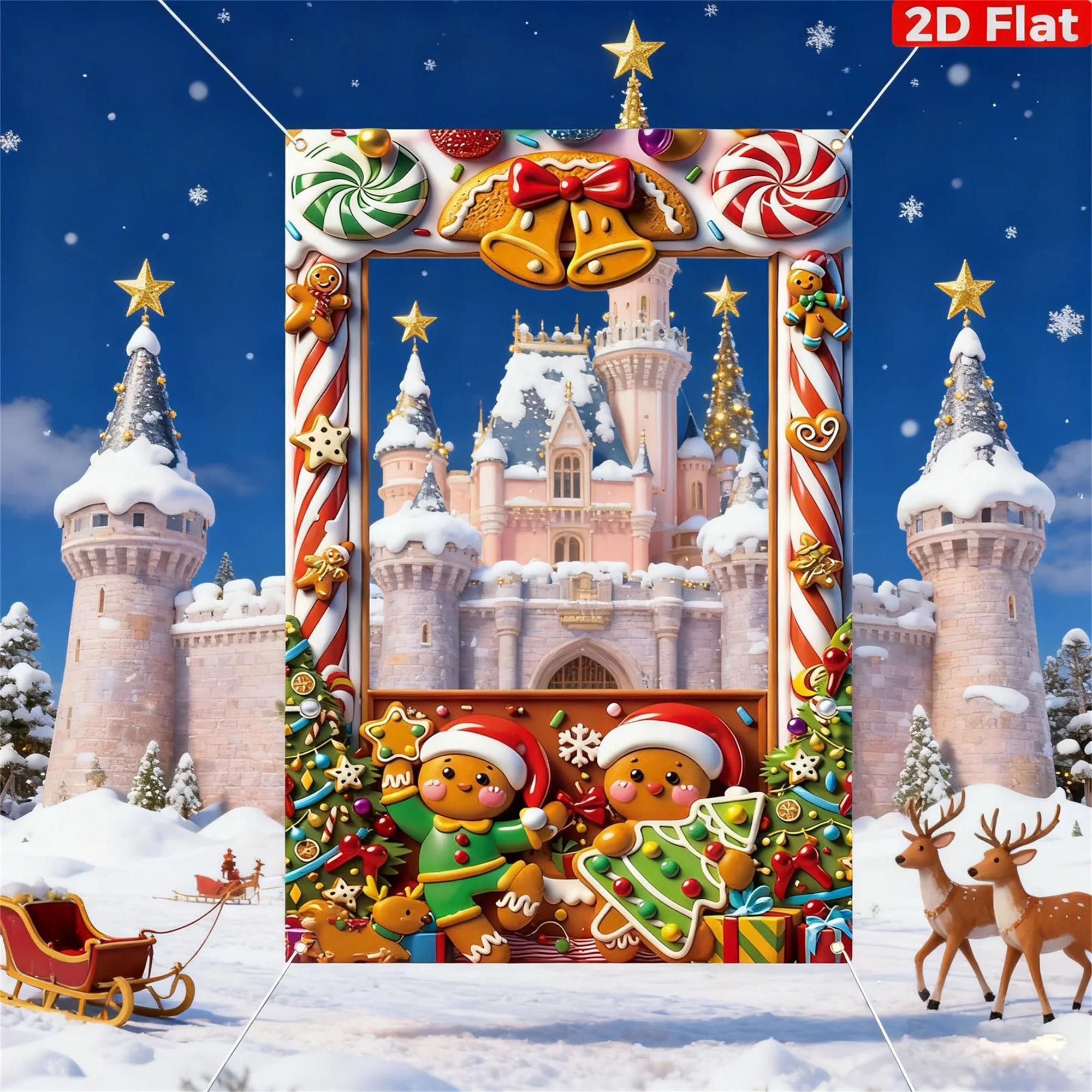 Christmas Backdrop Santa Claus Print Frame Photo Booth Props Carnival Party Favor Gingerbread Man Theme Decorations