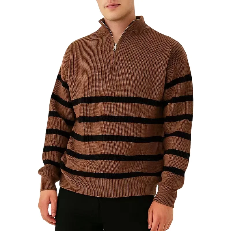Autumn Men's Zipper Pullover Sweaters Long Sleeve Solid Color Stripe Polo Sweater Casual Knitted Winter Outdoor Warm Thick Coats