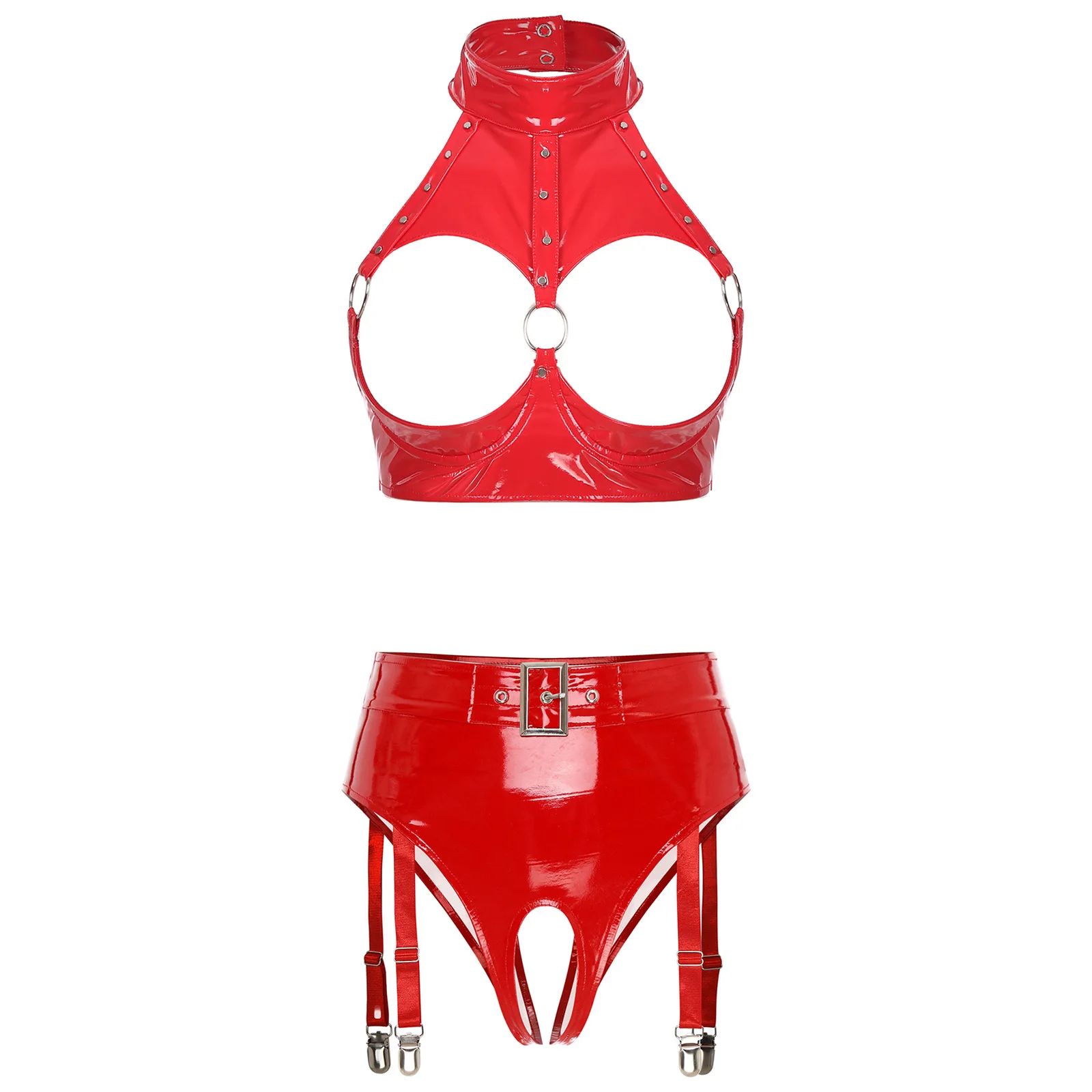 thumbnail image 1 of Conjunto de sujetador y ropa interior para mujer, sujetador con aros y remaches, top corto de charol con copa abierta, bragas sin entrepierna y ligas, 1 of 4