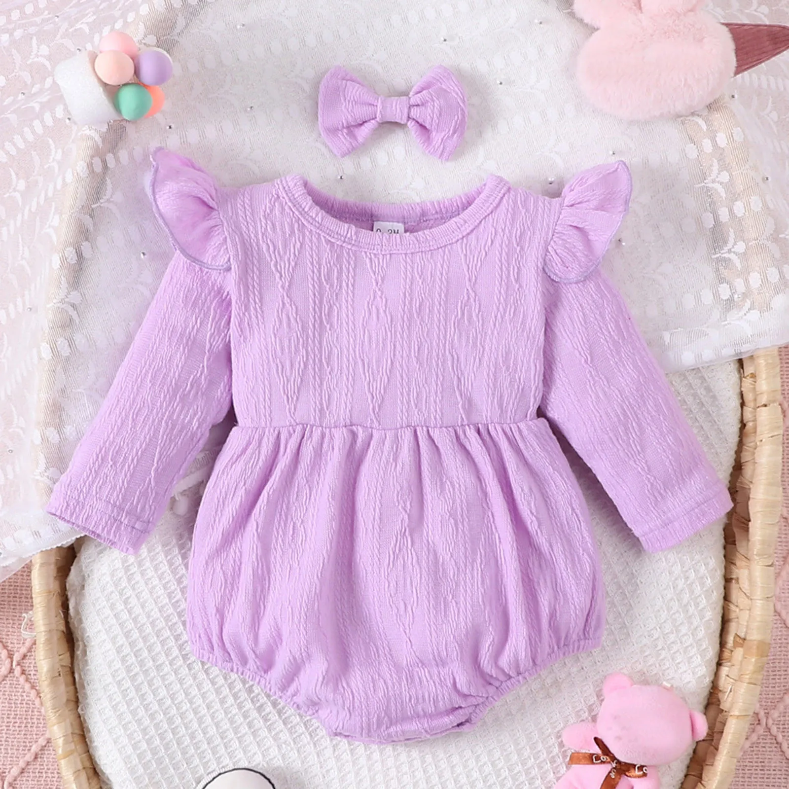 

Infant Baby Girls Playsuit Solid Color Crew Neck Long Fly Sleeve Baby Jumpsuits Newborn Clothes Bodysuits with Headband 0-12M