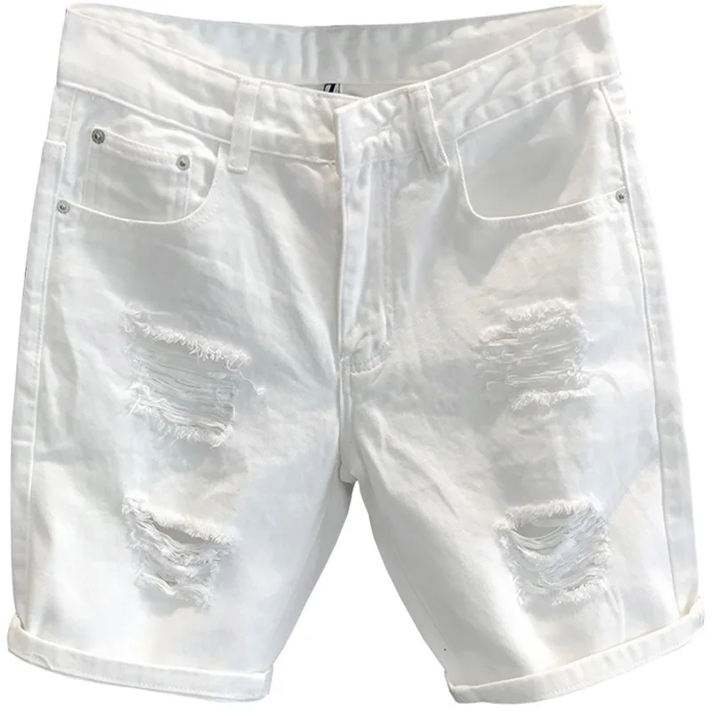 2023 Hong Kong Version of Everything Street Tide White Ripped Denim Shorts Men's Casual Trend Summer Scraped Five Points Pants