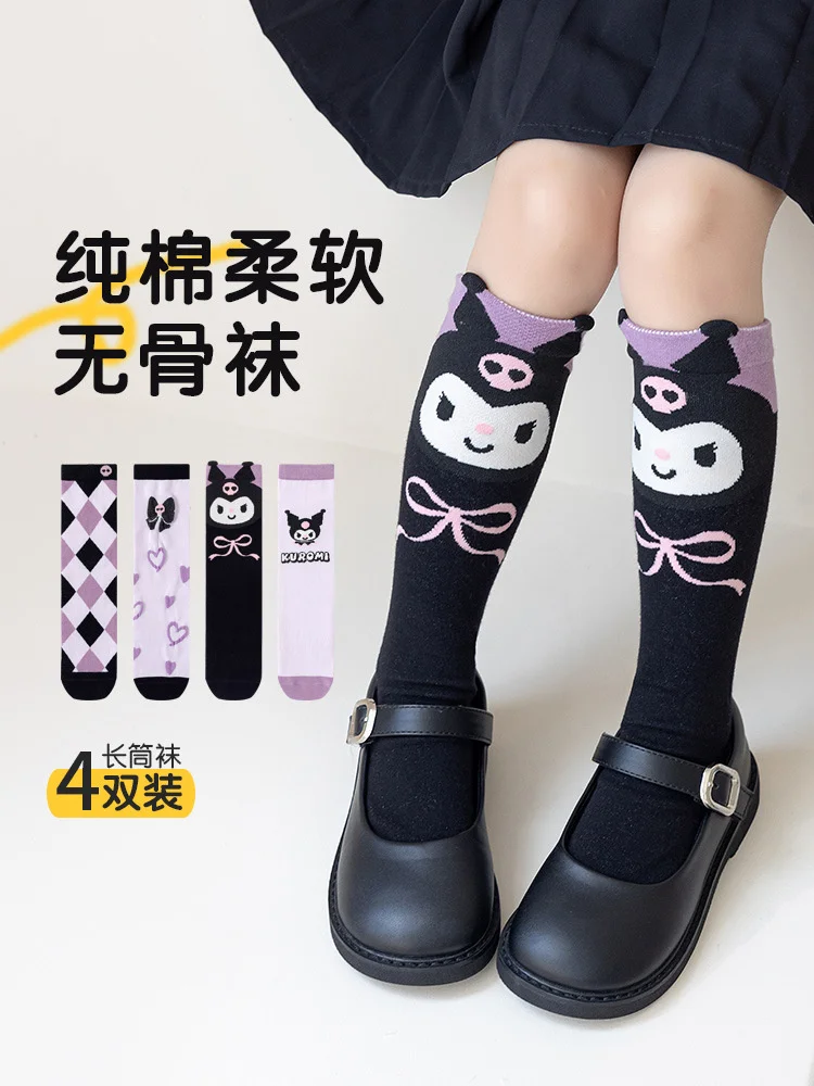 

Kuromi Sanrio Anime Kawaii Children's Pure Cotton Socks Cute Cartoon Girl Medium Length Stockings Rhombic Lattice Calf Socks