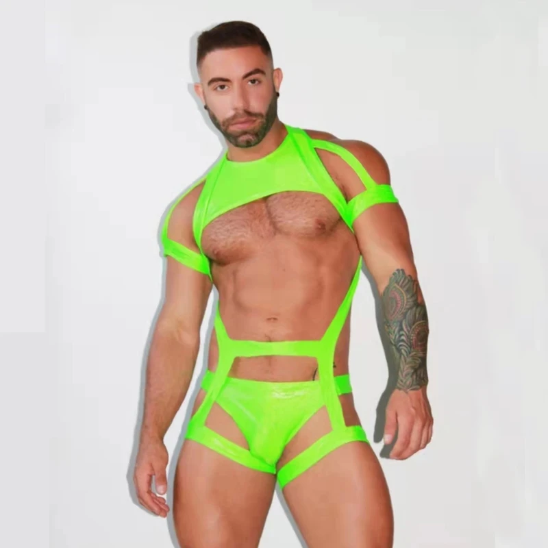 

Nightclub Bar Ds Men Pole Dance Clothing Fluorescent Green Vest Briefs Muscle Male Chest Sexy Solo Gogo Costume