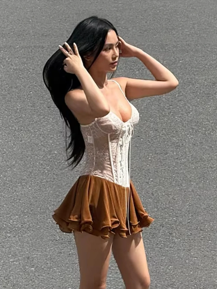 Nibber Tierred Sexy Shirring Jacquard Strap Dress Women Patchwork Low Chest Hottie High Street Clubwear Thin Skinny Mini Bodycon