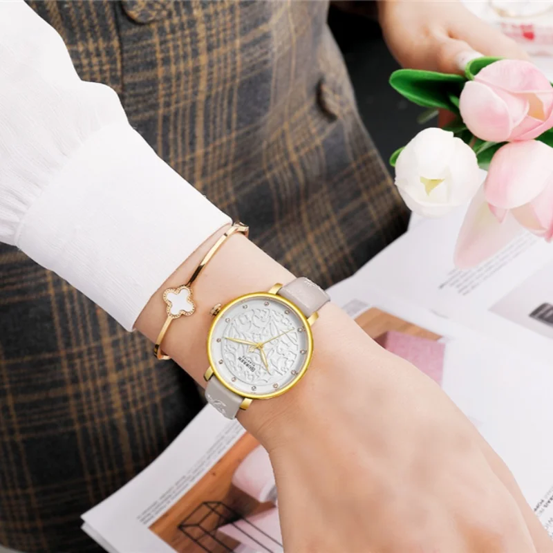 CURREN 9046 Fashion Casual Quartz Women's Watches Waterproof Genuine Leather Embroidered Strap Simple Elegant Ladies Wristwatch 3