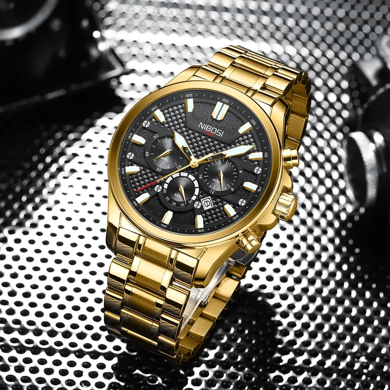 NIBOSI New Luxury Chronograph Quartz Watch for Men Gold Stainless Steel Strap Waterproof Calendar Watches Relogio Masculino Saat