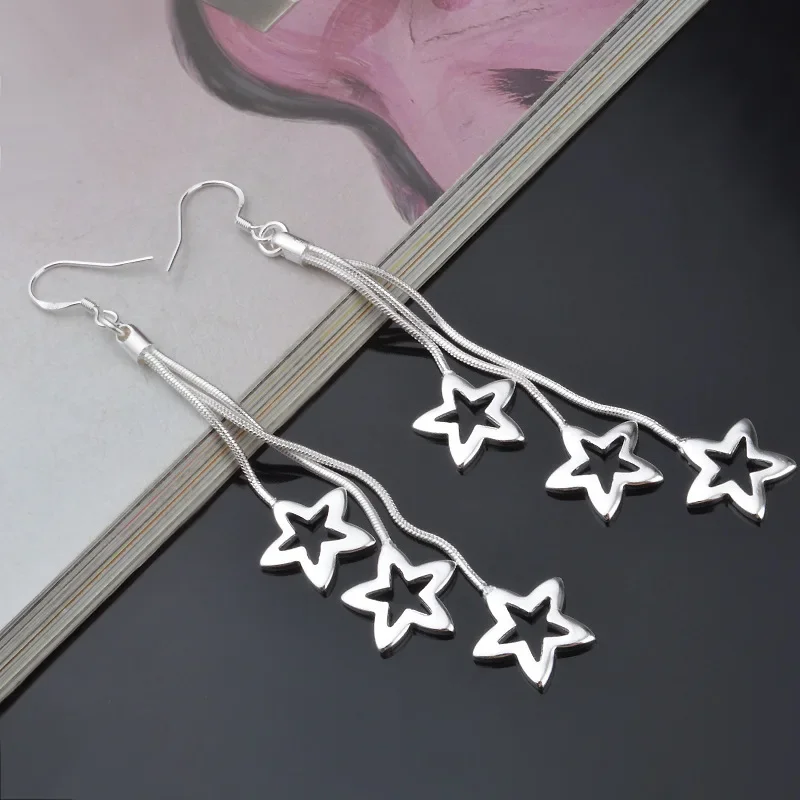 

High quality noble 925 Sterling Silver Tassel hanging stars Earrings for woman fashion wedding party Jewelry Christmas Gift