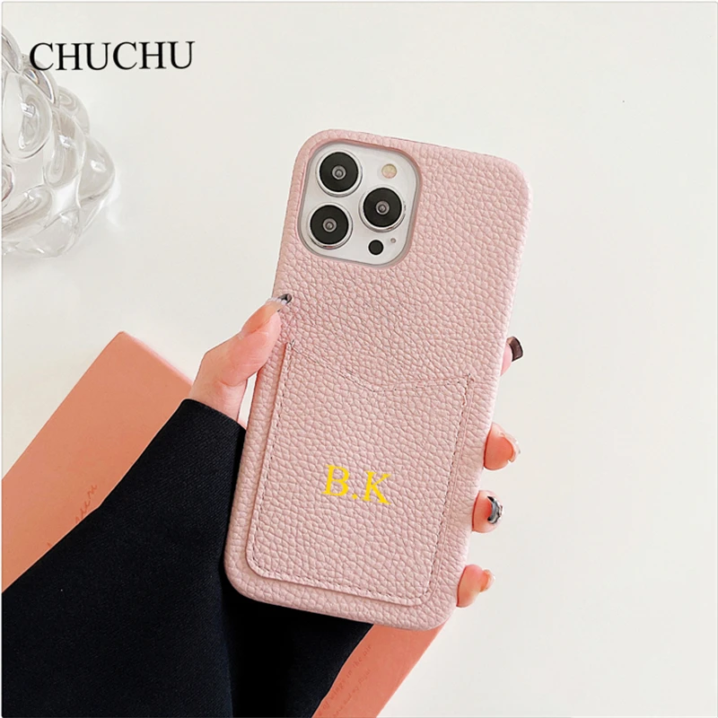 For iPhone 14 Pro Max 13 12 11 Personalised Leather Case With Wrist Strap  Customised Cardholder Slot Pebble Leather Phone Case _ - AliExpress Mobile