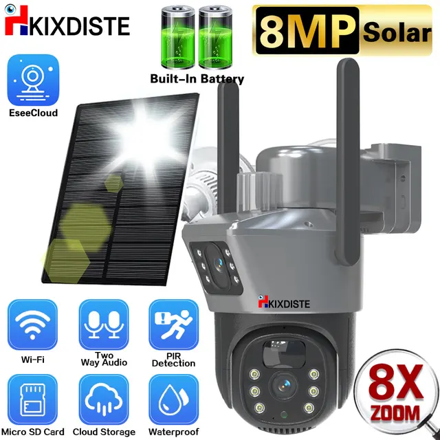 8MP 8X Zoom Tracking WIFI Solar Camera Dual Lens Battery Wireless IP Camera Outdoor Security PTZ Long Time Stand Surveillance 4K