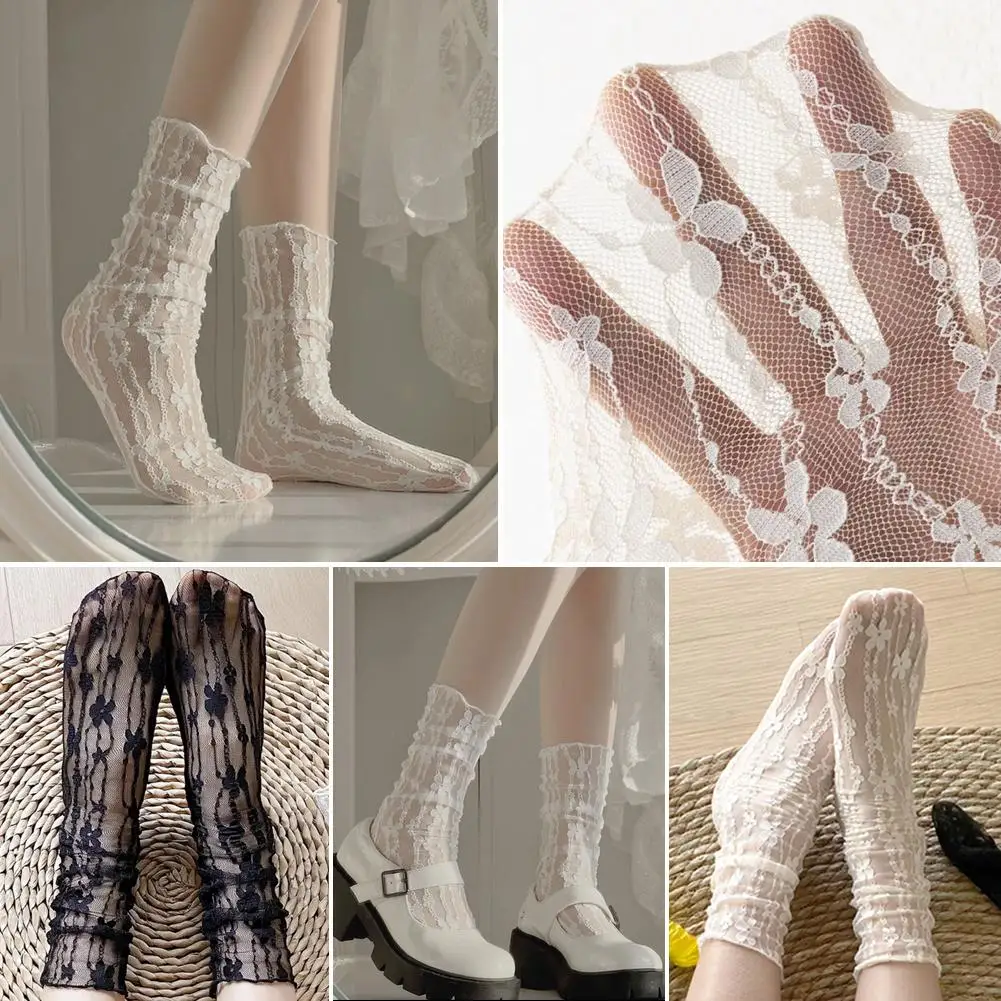Weiche Lolita Süße Weiße Flor Socken Frauen Mesh Fishnet Dünne Nylon Seide Retro Blume Spitze Socken Damen – Detail 13