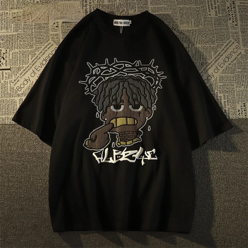 Camiseta de manga corta de dibujos animados Retro Harajuku para hombres y mujeres estilo americano Ins verano suelta High Street pareja Top Y2K ropa