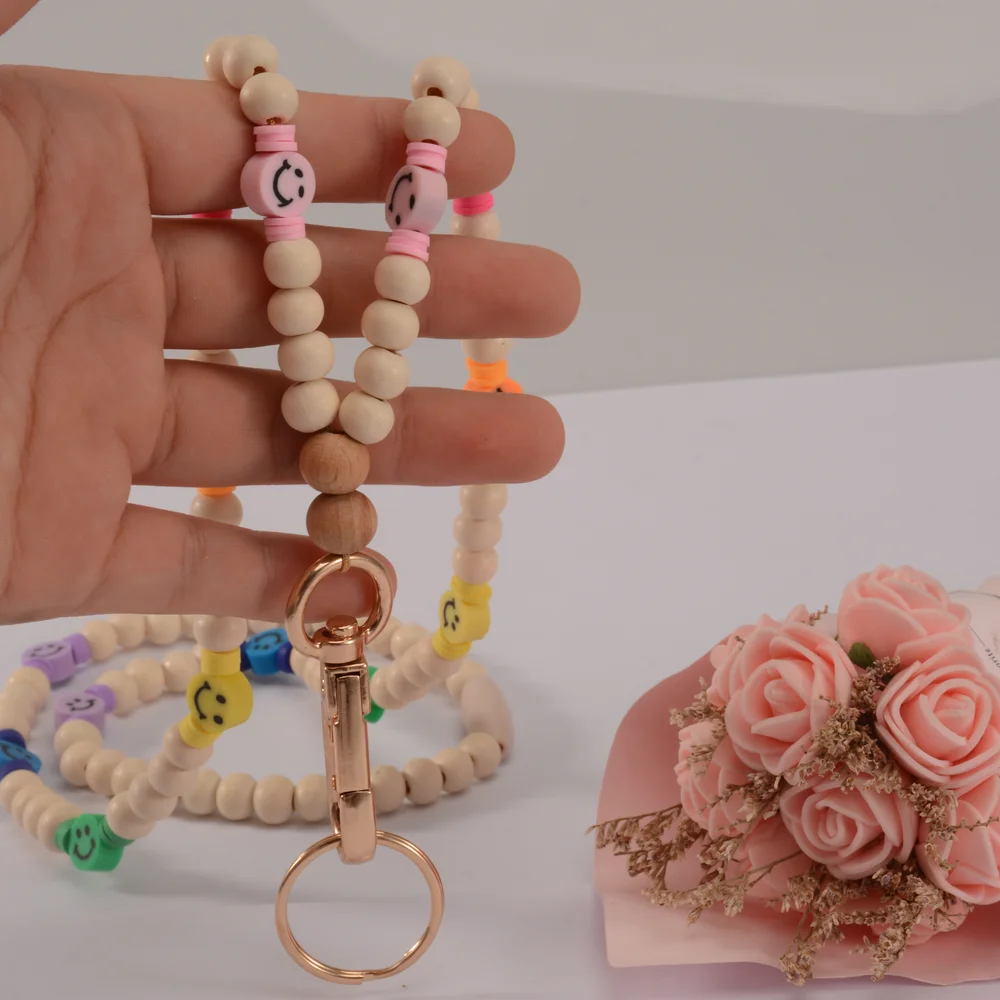 2022 New Wood Beads Necklace Keychains Lanyard For Women Girls Smile