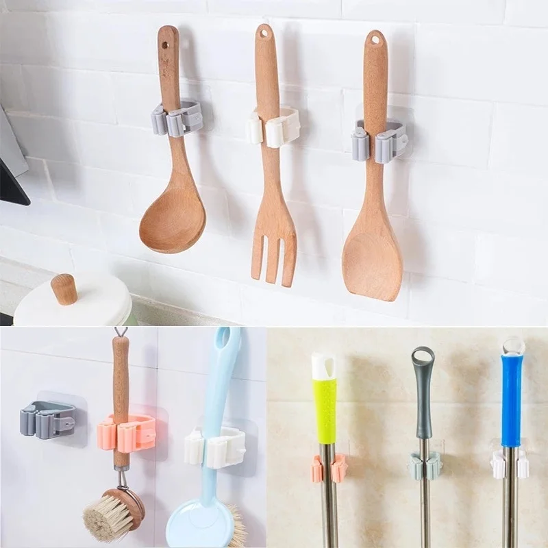 Wall Mop Holder Hook Bathroom Kitchen Wall Mounted Mop Organizer Holder Rack Brush Broom Hanger Self-Adhesive Strong Hooks
