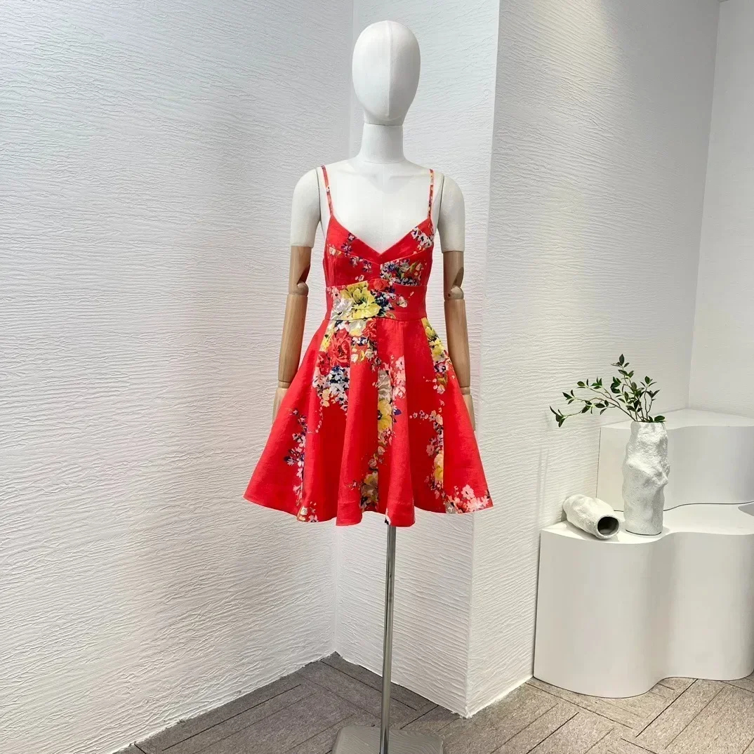 

Linen New Summer Beach Style Red Floral Printing Waist Slip High Quality Stretchable Shirred Back Sleeveless Women Mini Dress