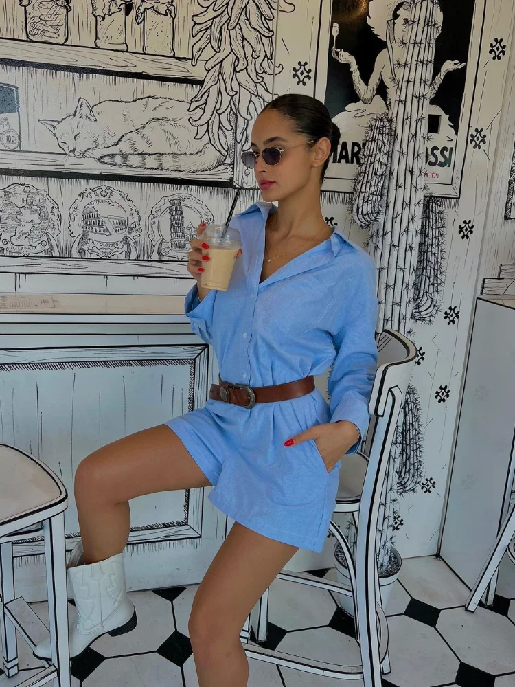 

Женский свободный костюм из 2 предметов, Повседневная рубашка с отложным воротником и длинными рукавами и шорты с высокой талией, весенний костюм для женщин 2024