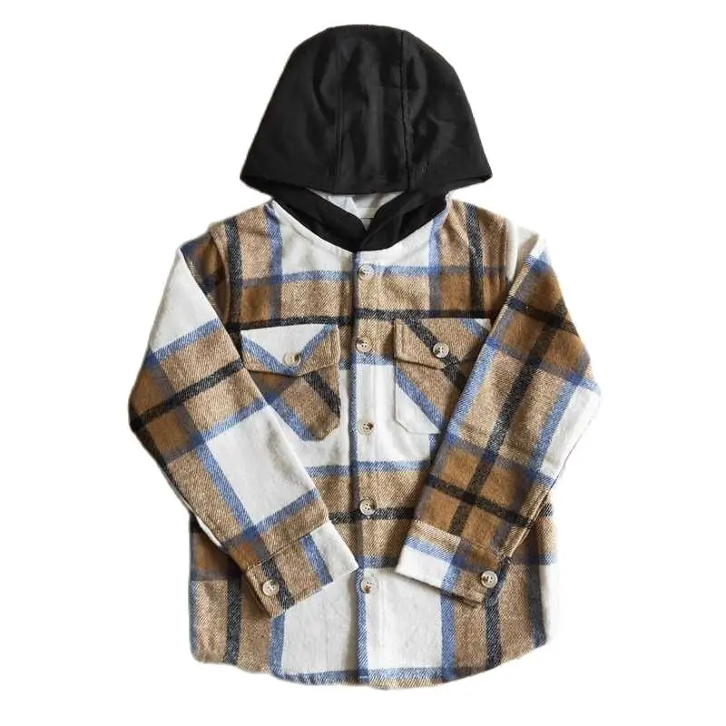 

Рубашка цвета хаки в клетку с капюшоном и длинным рукавом для мальчиков