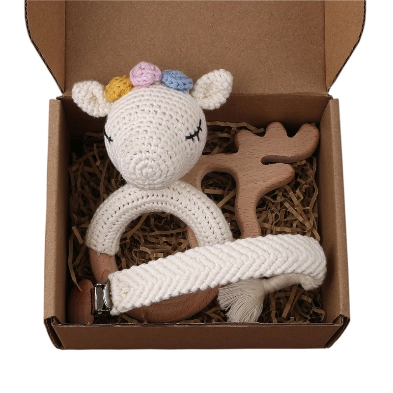

1 Set Baby Newborn Knitted Cotton Deer Wooden Ring Teether+Pacifier Clip Chain Holder DIY Crochet Rattle Bracelet