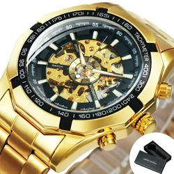 WINNER Luxury Skeleton Mechanical Watch with Luminous Hands and Stainless Steel Strap (BOX GOLD - ALL - BLK)
