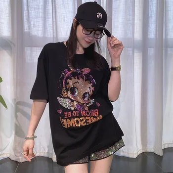 Plus Size Cartoon Girl Pattern Diamonds Short Sleeve Tees for Women Summer Clothing Thin Casual Loose O Neck T Shirt Knitwear 1