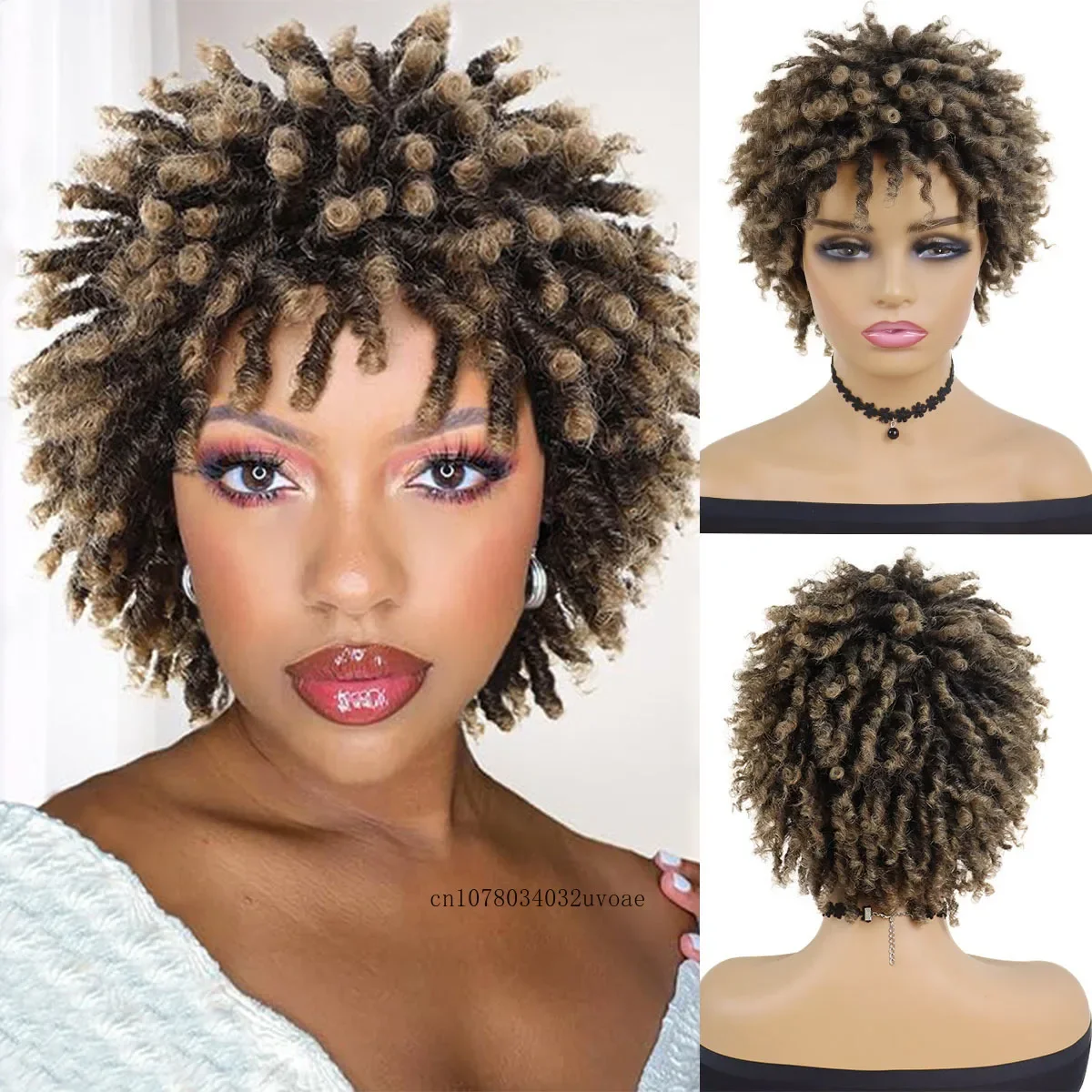 Synthetic Braided Wig for Women Locs Crochet Twist Hair Short Afro Wig Ladies Dreadlock Light Brown Daily Curly Cool Girl Bouncy