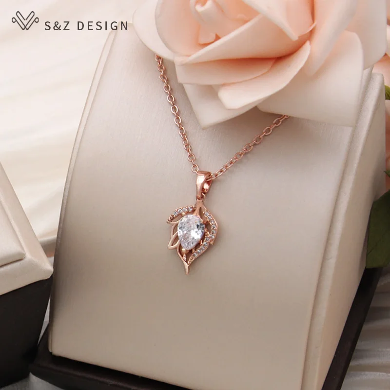 S&Z DESIGN New Fashion Hollow Out Leaf Pendant Necklace For Women Trendy 585 Rose Gold Color Cubic Zirconia Jewelry Gift