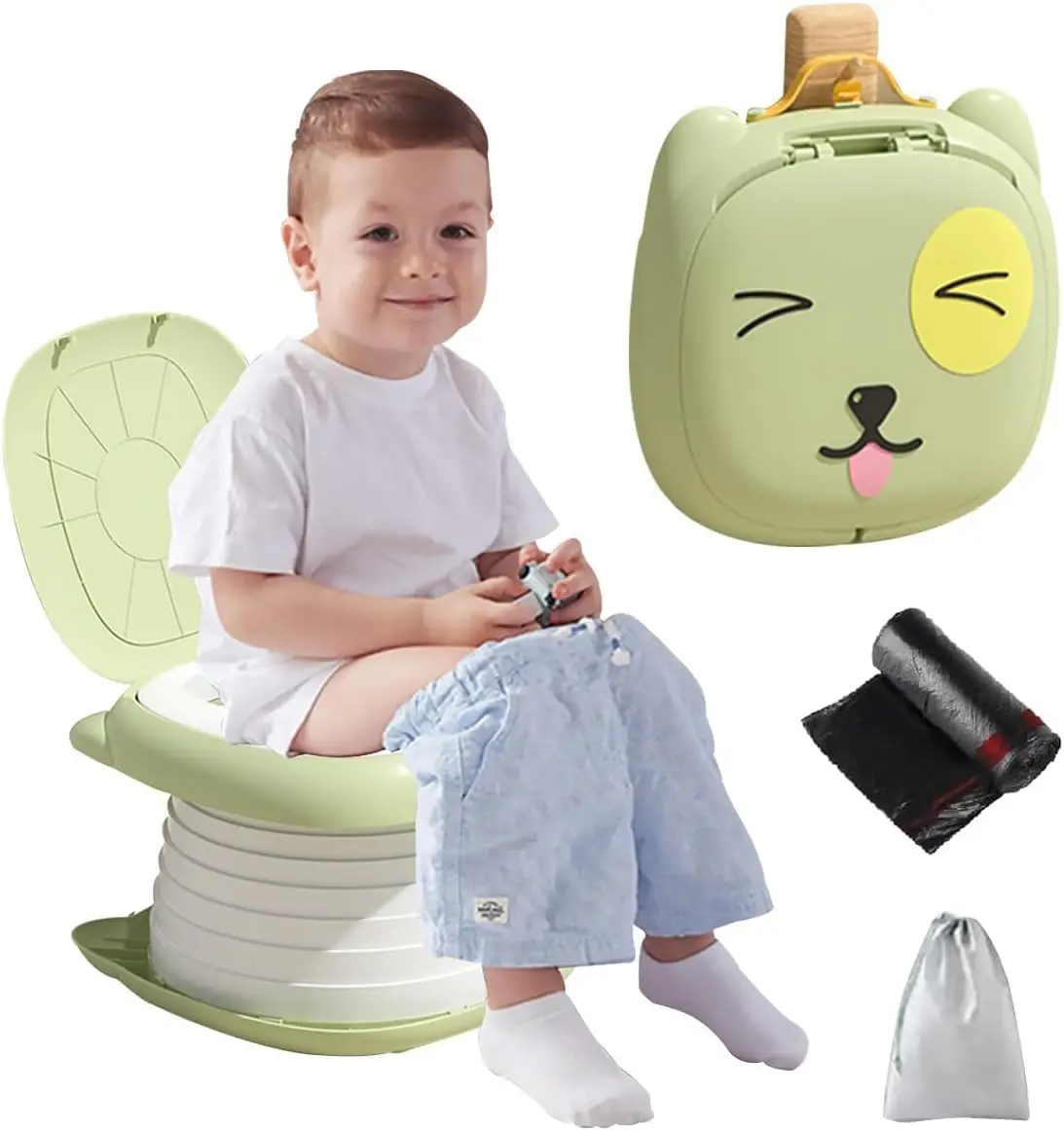 Portable for Children, Foldable Bathroom Trainer Seat with Storage and Garbage Bag, Ideal