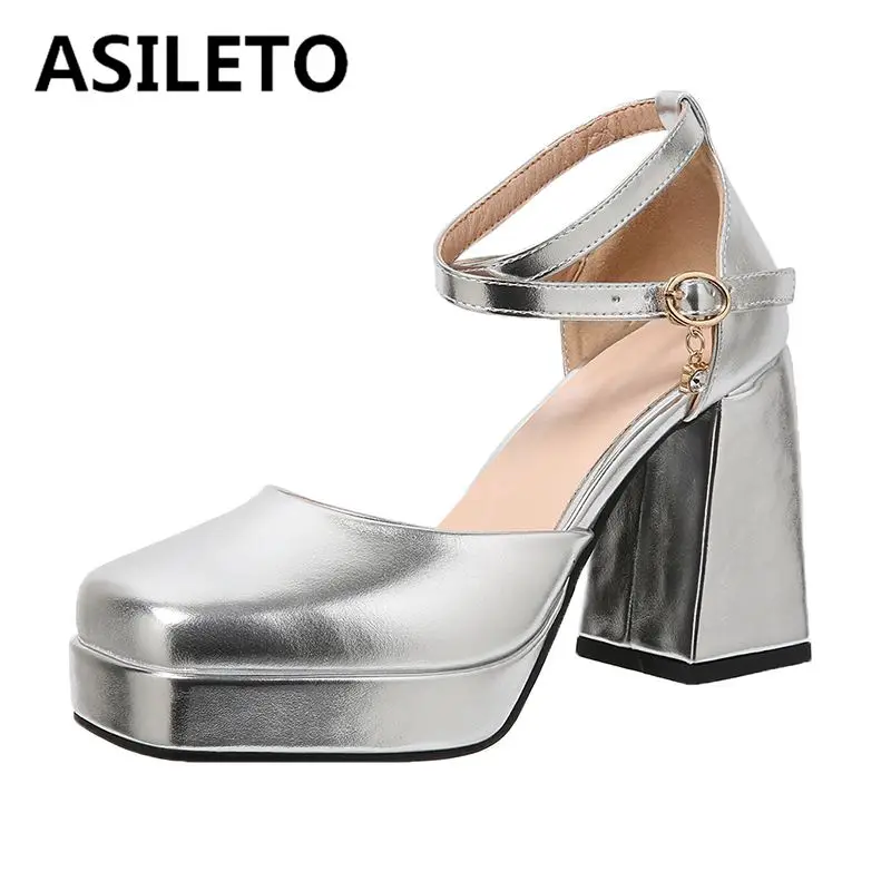 

ASILETO Sexy Female Pumps Square Toe Block High Heels Platform Crossover Buckle Strap Plus Size 43 Fashion Dating Party Shoes