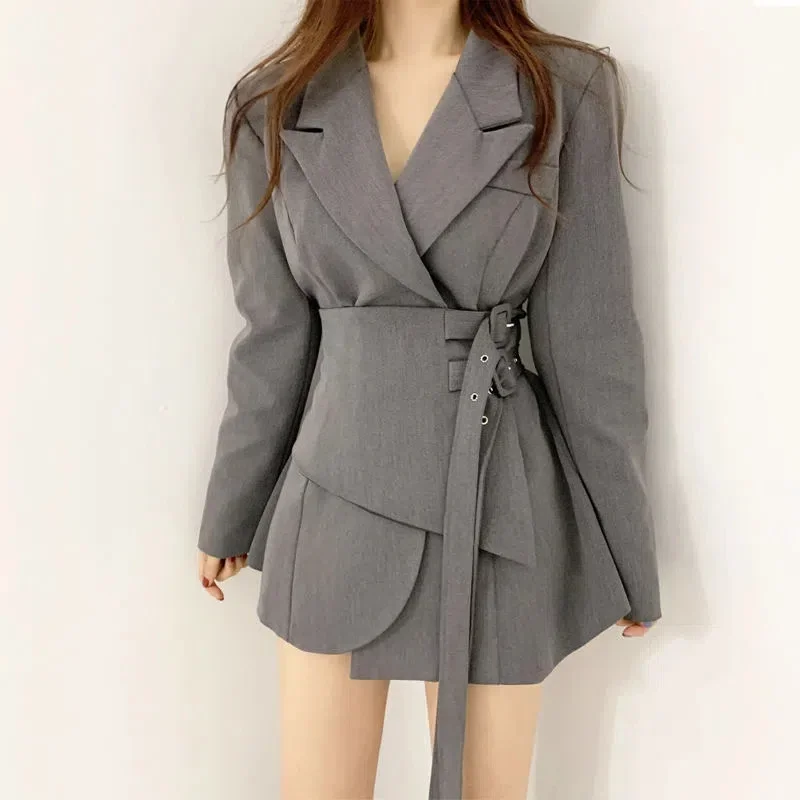 Irregular Hem Western Style Fake Two-Piece Double-Bbelt blazer Skirt Middle-Length Small Suit Woman