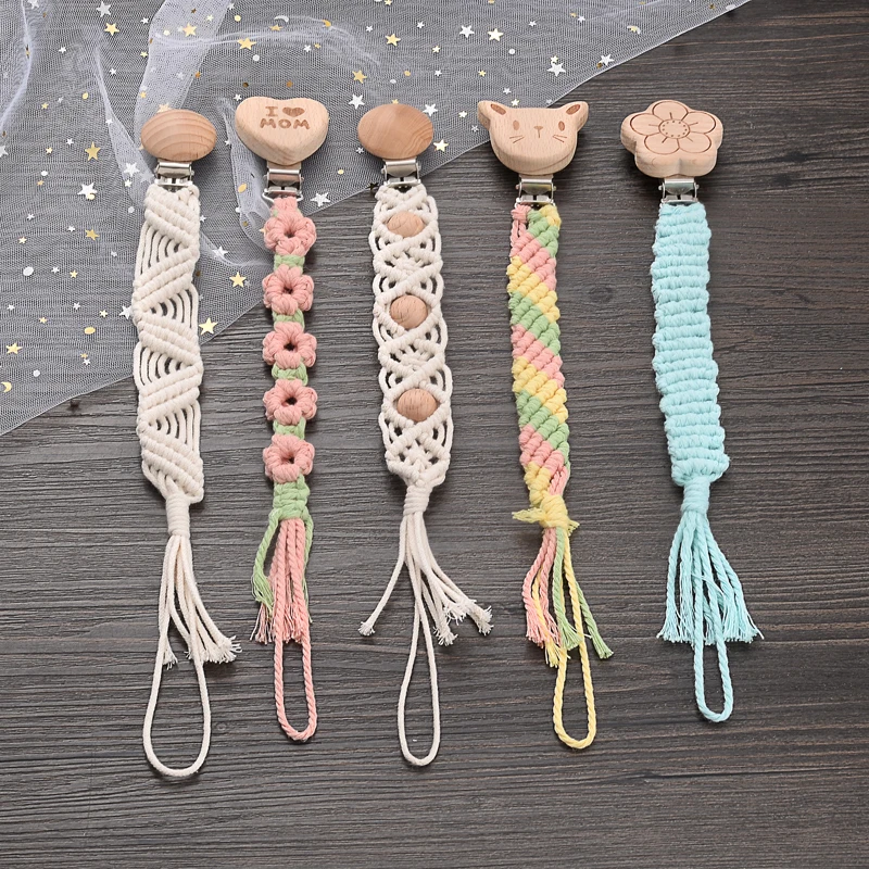 Baby Beech Wood Pacifier Clip Handmade Crochet Cotton Rope Nipple Chain For Baby Nursing Chew Toy Shower Gift Soother Chain 5