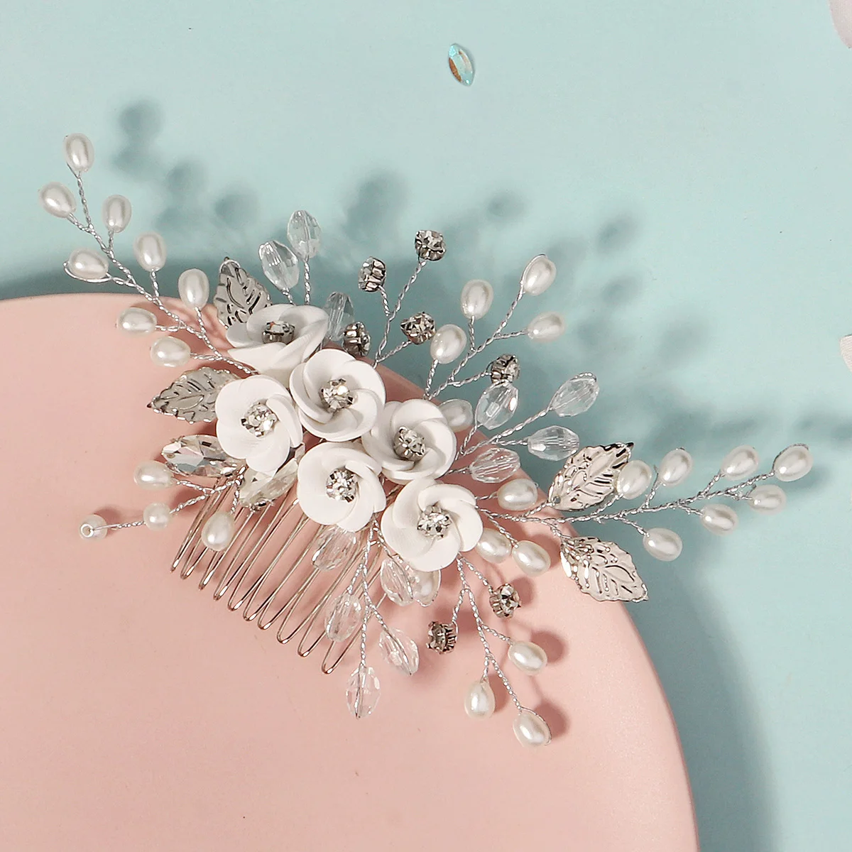 Soft Ceramic Flower Women's Hair Comb Pearl Rhinestone Daily Hair Clip Wedding Party Bridal Jewelry Headdress