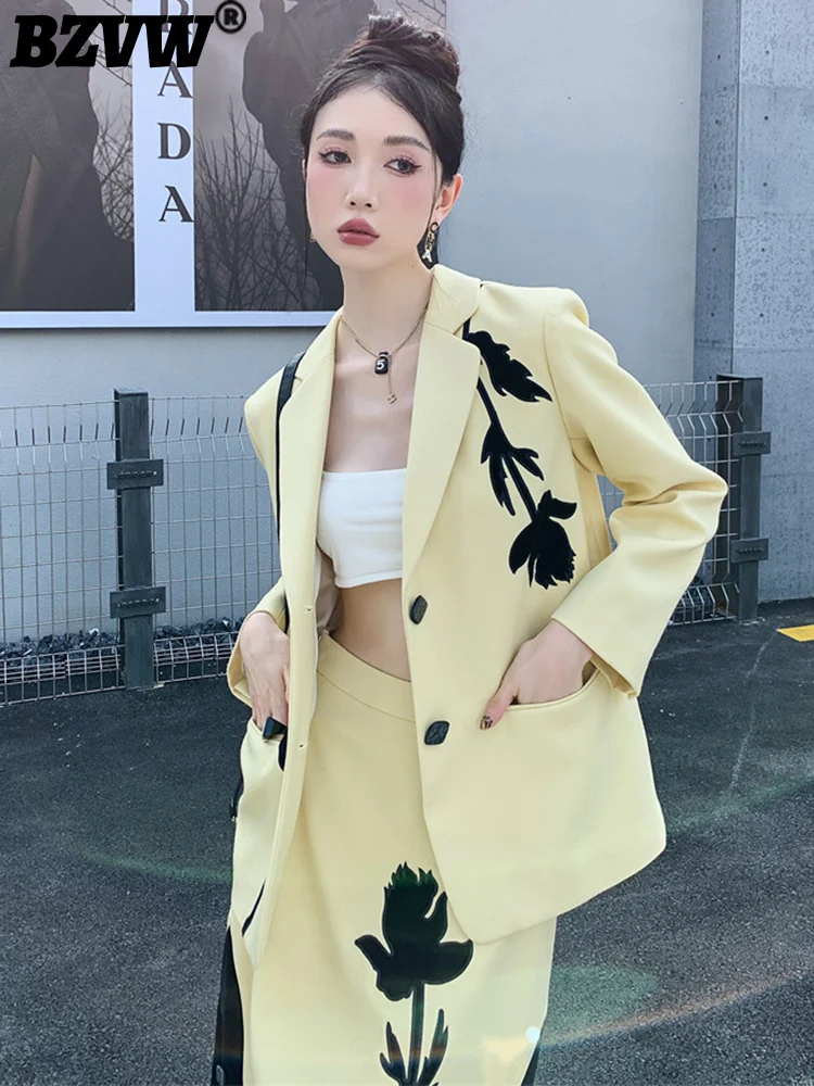 

BZVW Rose Velvet Patch Embroidery Simple Fashion Designer Blazer For Women 2023 Autumn Winter High Waist Skirt Female 25X2814