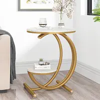 Table d'appoint, table d'appoint en faux marbre avec étagère de rangement à 2 niveaux, table d'appoint carrée moderne pour salon, chambre à coucher 2