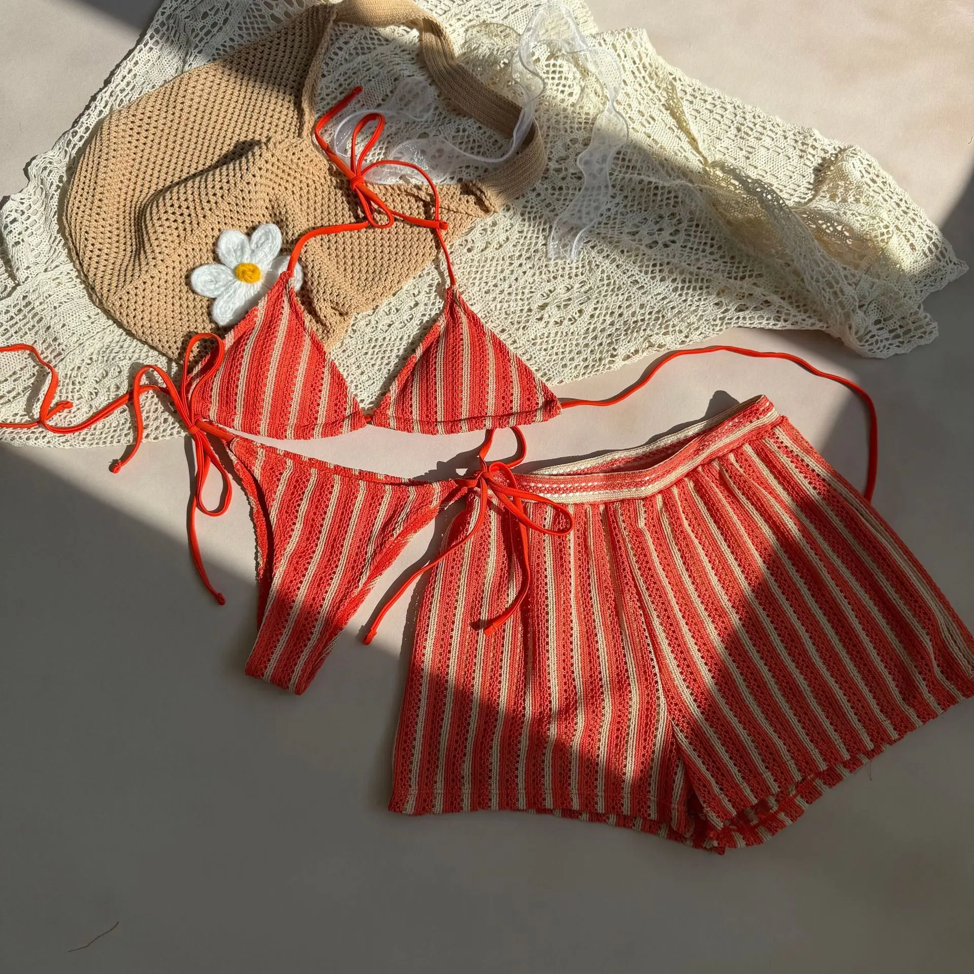 Sexy Green Orange Striped Bikini Set Women Halter Push Up High Waist Panties 3 Piece Swimsuit 2025 Summer Bathing Suit Swimwear 2