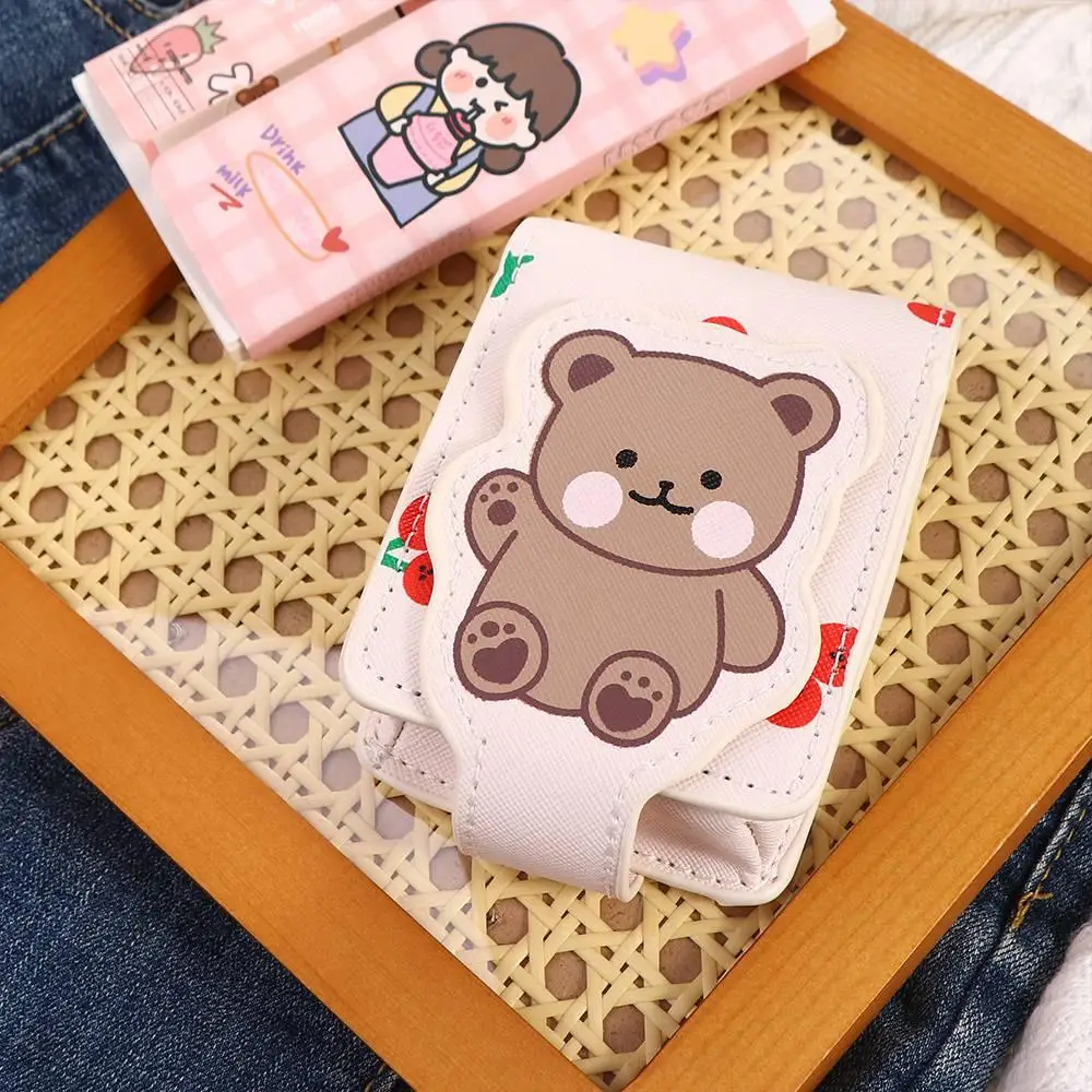 

Pu Leather Lipstick Bag Travel Supplies Print Bear Lipstick Storage Bag with Mirror Makeup Bag Outdoor