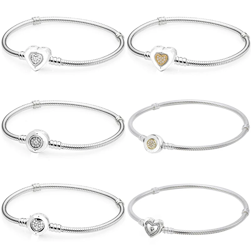 

Original Sparkling Pave Signature Heart Clasp Snake Chain Bracelet 925 Sterling Silver Bangle Fit Fashion Bead Charm DIY Jewelry