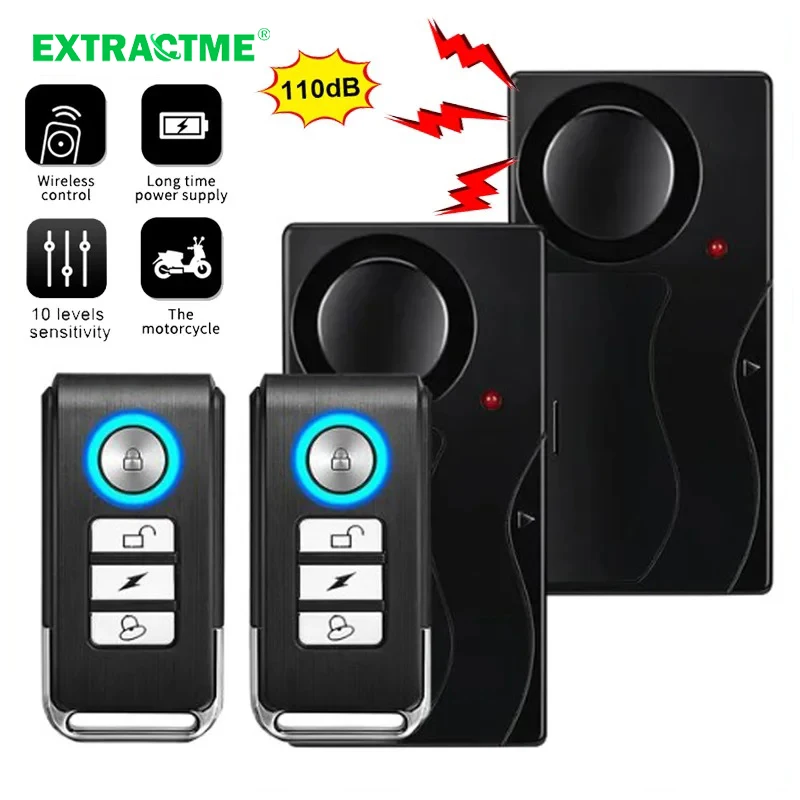 Extractme Wireless Vibration Bike Alarm With Remote Control Anti-Theft Alarm 110dB Loud Bike Door Window Motorcycle Security Ala wireless vibration alarm motorcycle alarm bike alarm remote control anti theft alarm
