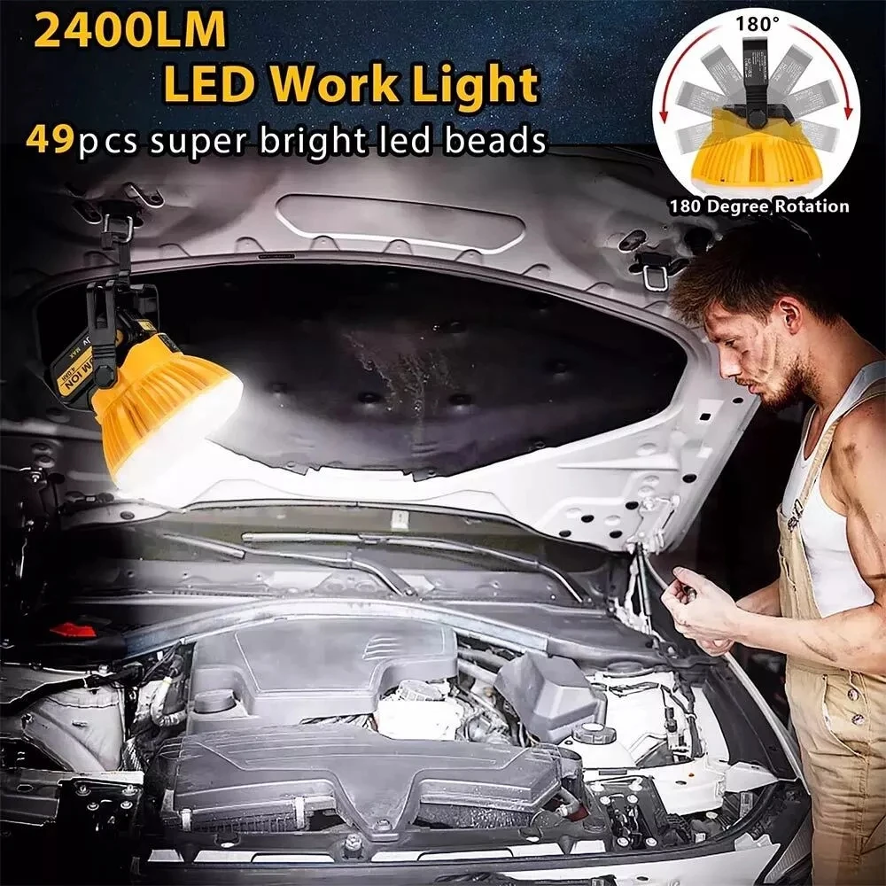 Portable Flashlight 24W 2400LM LED Work Light for Dewalt 18V Li-ion Battery LED